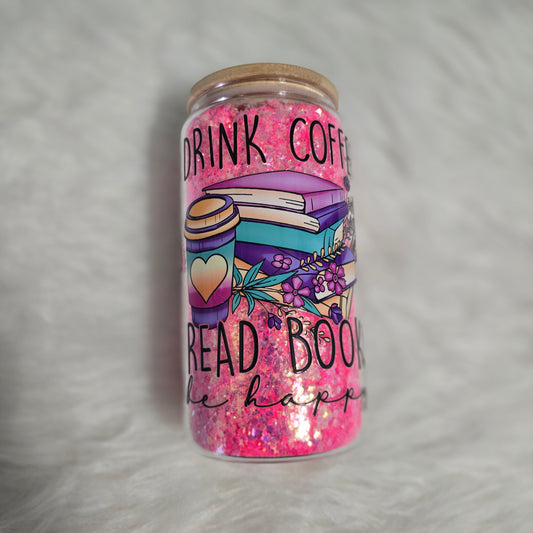 Drink Coffee Read Books Glitter Glass Can
